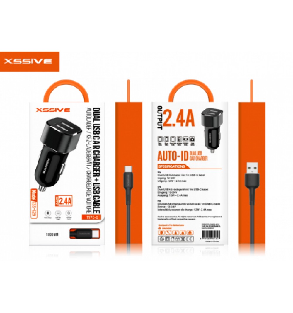 DUO CAR CHARGER+ Type-C cable 2.4A - ZWART